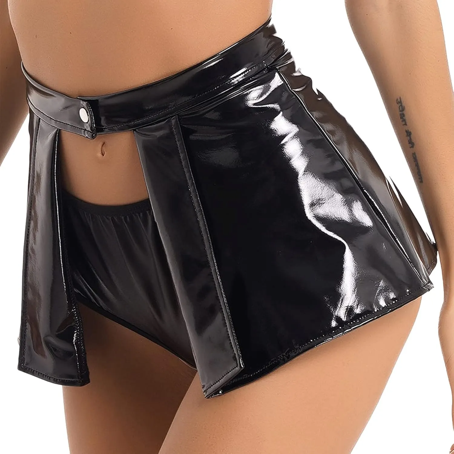 CHICTRY Latex Metallic Skirt for Women Patent Leather Open Front Sexy Pleated Mini Skater Skirt