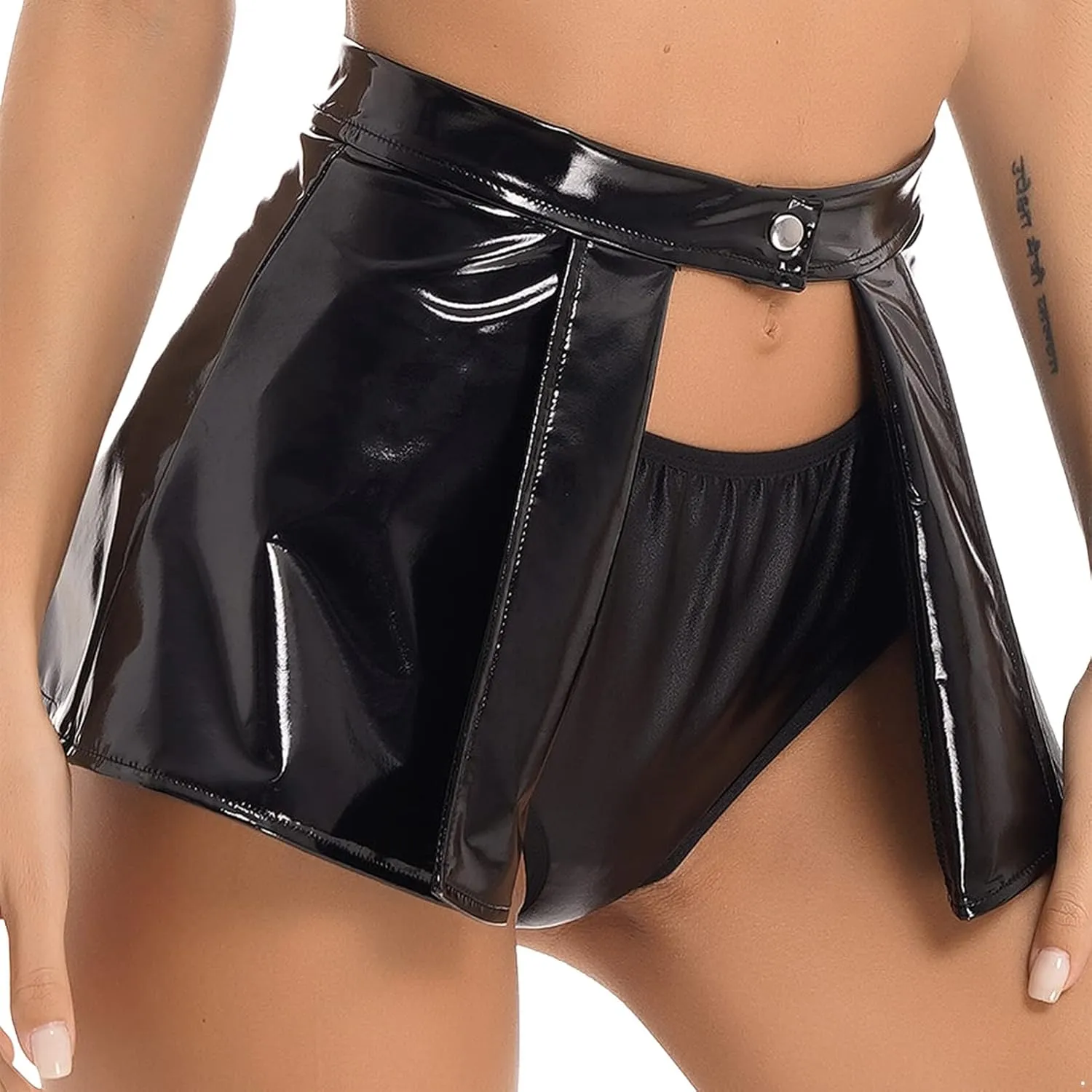 CHICTRY Latex Metallic Skirt for Women Patent Leather Open Front Sexy Pleated Mini Skater Skirt