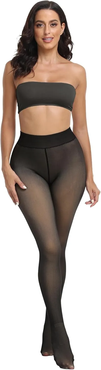 CHRLEISURE Women's Fleece Lined Tights - Fake Sheer Warm Pantyhose Thick Leggings