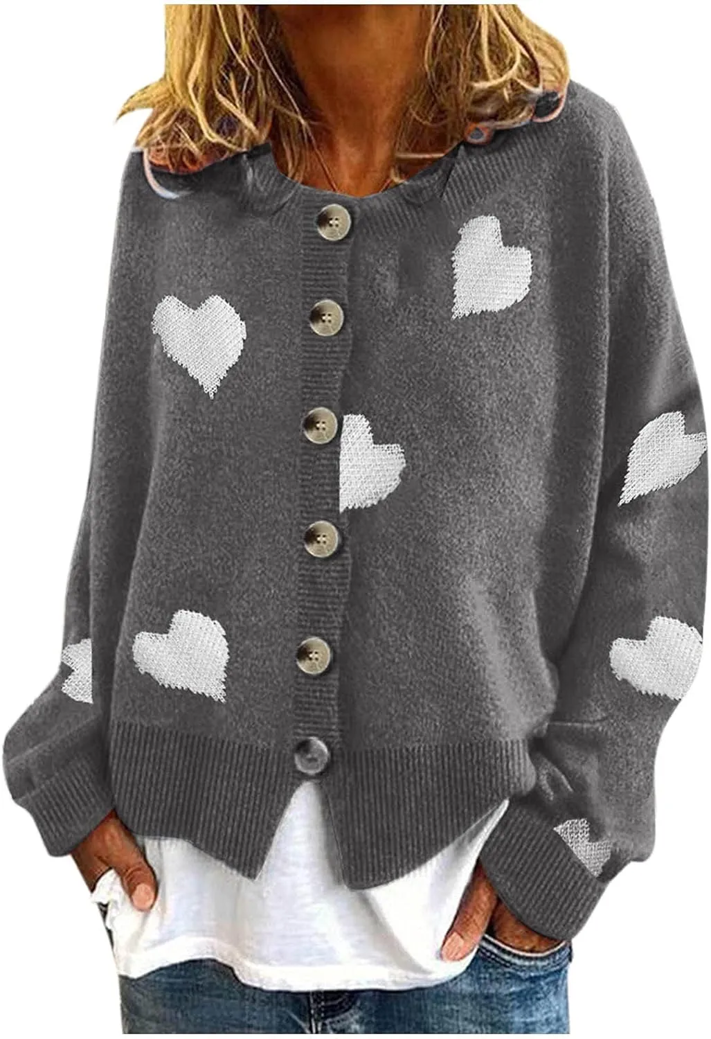 Chunky Knit Sweater Women Heart Graphic Long Sleeve Pullover Tops Crewneck Button Down Plus Size Cardigan Sweaters