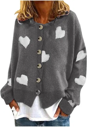 Chunky Knit Sweater Women Heart Graphic Long Sleeve Pullover Tops Crewneck Button Down Plus Size Cardigan Sweaters