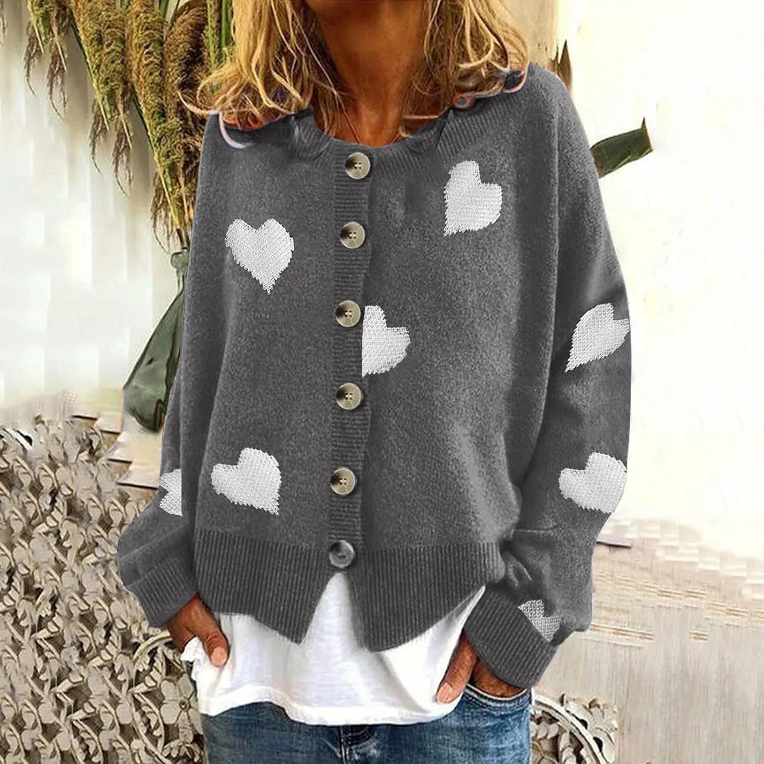 Chunky Knit Sweater Women Heart Graphic Long Sleeve Pullover Tops Crewneck Button Down Plus Size Cardigan Sweaters