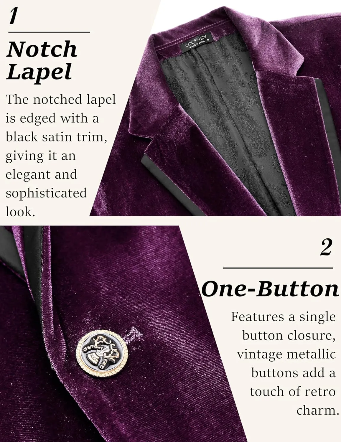 COOFANDY Men's Velvet Blazer Notched Lapel One Button Velour Tuxedo Jacket for Prom Wedding Party Dinner