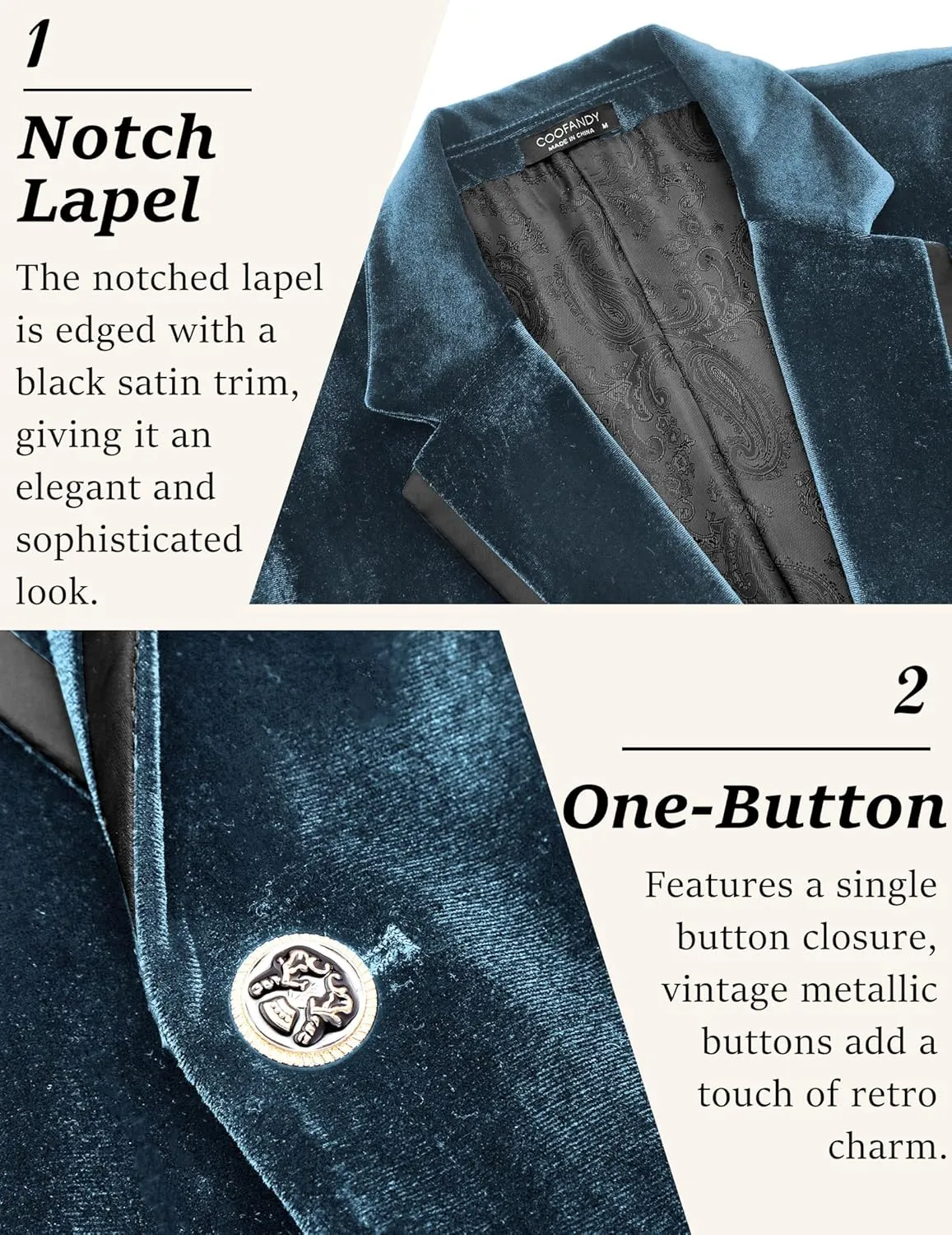 COOFANDY Men's Velvet Blazer Notched Lapel One Button Velour Tuxedo Jacket for Prom Wedding Party Dinner