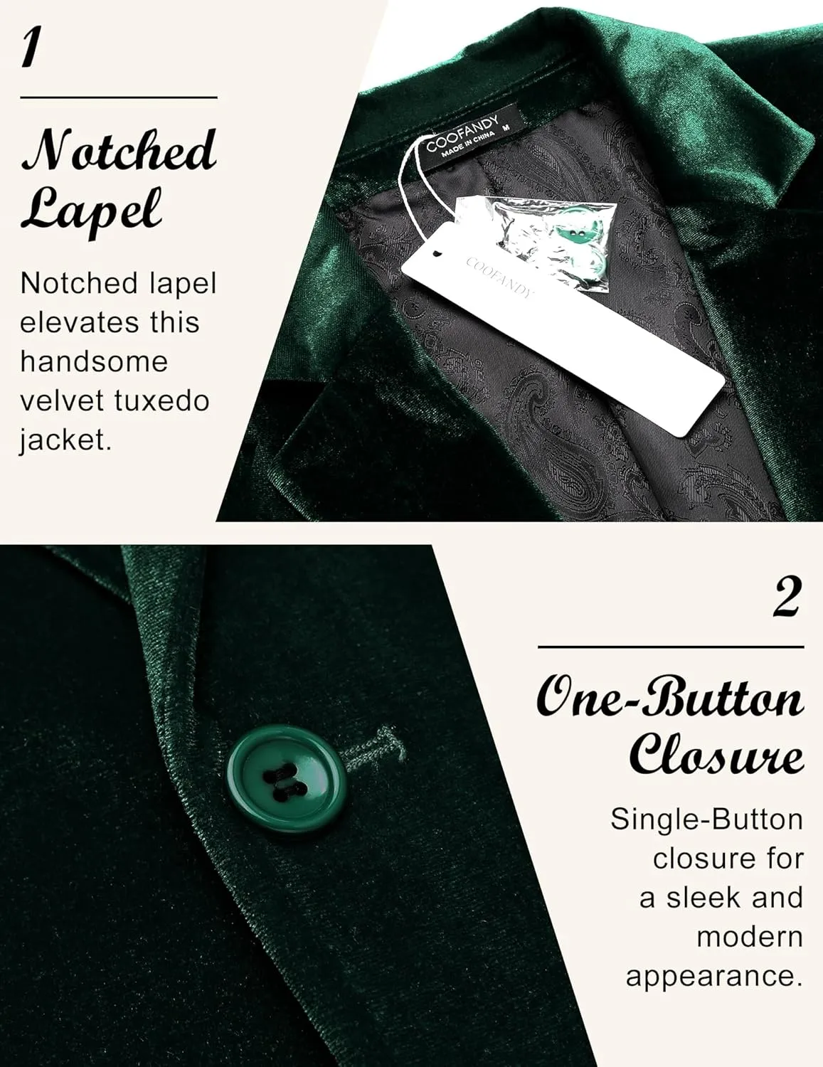 COOFANDY Men's Velvet Blazer Notched Lapel Velour Suit Jacket One Button Tuxedo Jackets for Wedding Prom Party Dinner