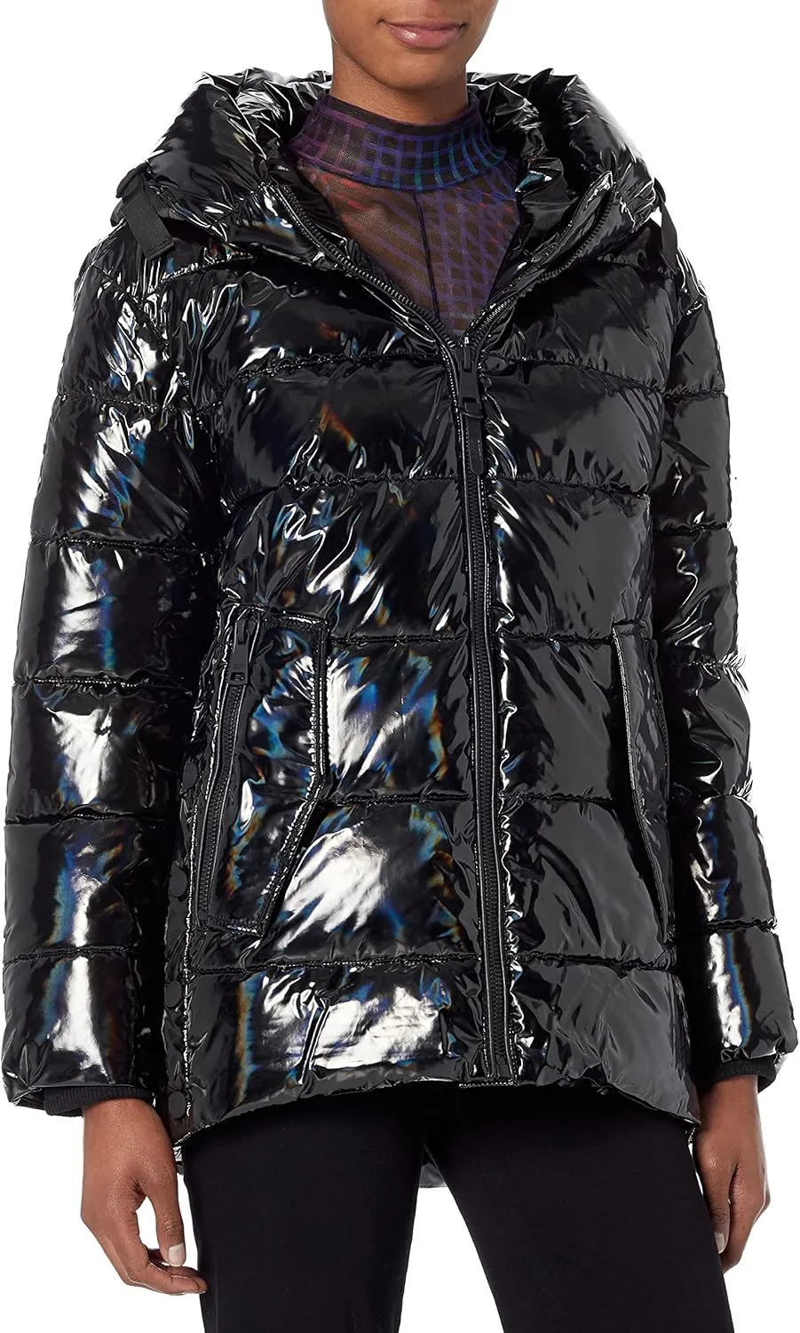 DKNY Womens Snap-Side Glossy Puffer Outerwear Jacket