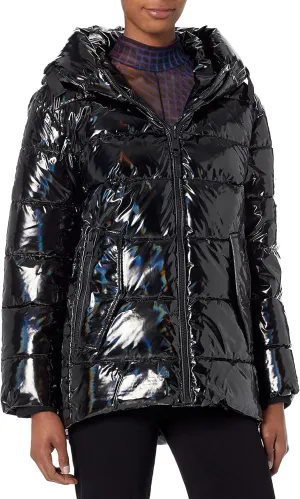 DKNY Womens Snap-Side Glossy Puffer Outerwear Jacket