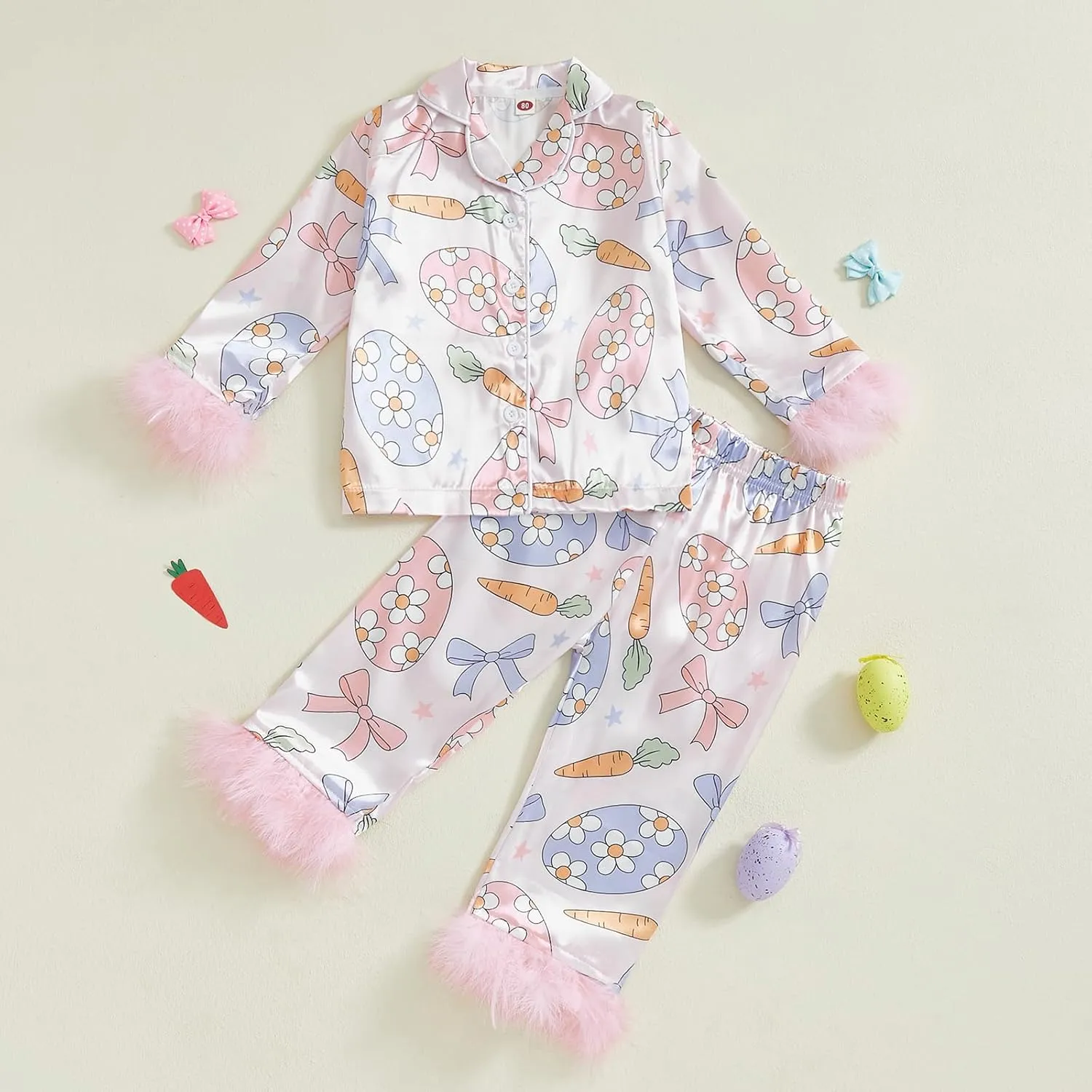 DuAnyozu Little Girl Easter Pajamas For Kids Toddler Satin Pajamas Pant Set Carrot Easter Eggs Feather Cuff Satin Pjs Set