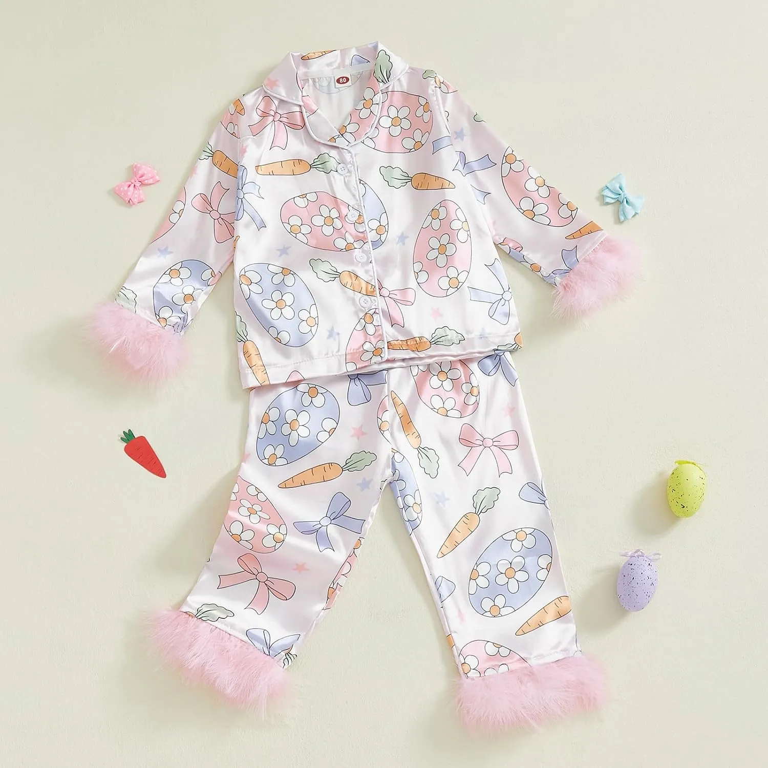 DuAnyozu Little Girl Easter Pajamas For Kids Toddler Satin Pajamas Pant Set Carrot Easter Eggs Feather Cuff Satin Pjs Set