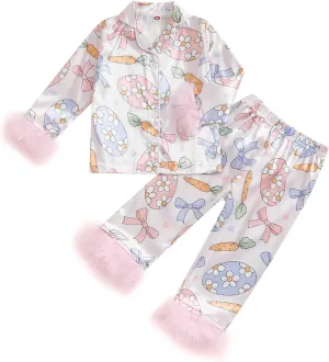 DuAnyozu Little Girl Easter Pajamas For Kids Toddler Satin Pajamas Pant Set Carrot Easter Eggs Feather Cuff Satin Pjs Set