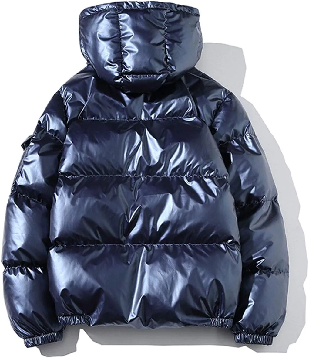 ebossy Men's Metallic Hooded Puffer Jacket Winter Full Zip Down Alternative Quilted Padded Coat