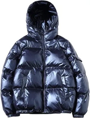 ebossy Men's Metallic Hooded Puffer Jacket Winter Full Zip Down Alternative Quilted Padded Coat