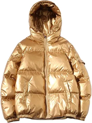 ebossy Men's Metallic Hooded Puffer Jacket Winter Full Zip Down Alternative Quilted Padded Coat