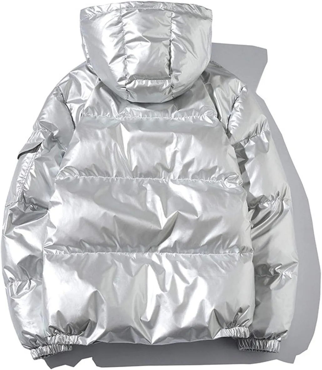 ebossy Men's Metallic Hooded Puffer Jacket Winter Full Zip Down Alternative Quilted Padded Coat