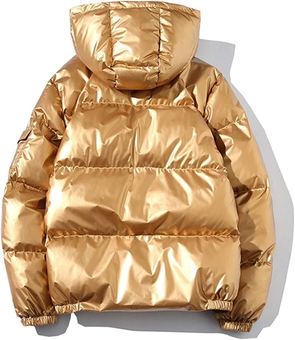 ebossy Men's Metallic Hooded Puffer Jacket Winter Full Zip Down Alternative Quilted Padded Coat
