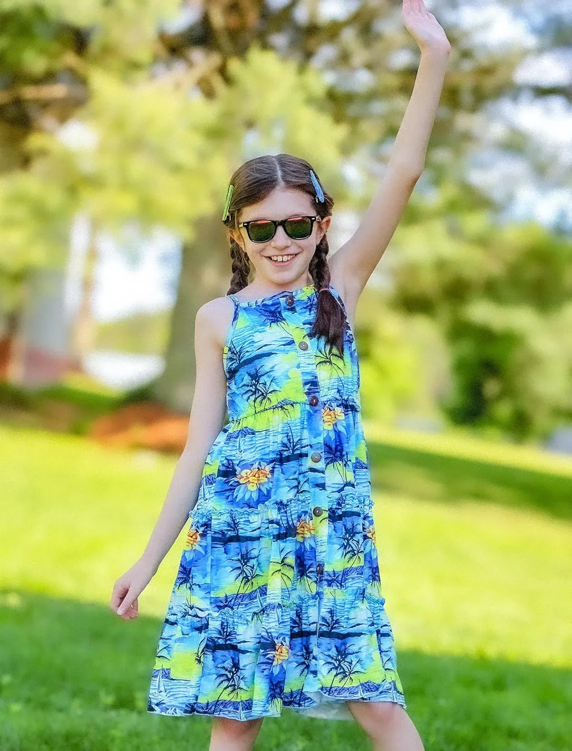 Enlifety Girls Summer Casual Dress Ruffle Pleated Tiered Dresses Spaghetti Straps Twirl Swing Sundress Size 6-12T
