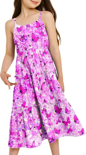 Enlifety Girls Summer Casual Dress Ruffle Pleated Tiered Dresses Spaghetti Straps Twirl Swing Sundress Size 6-12T