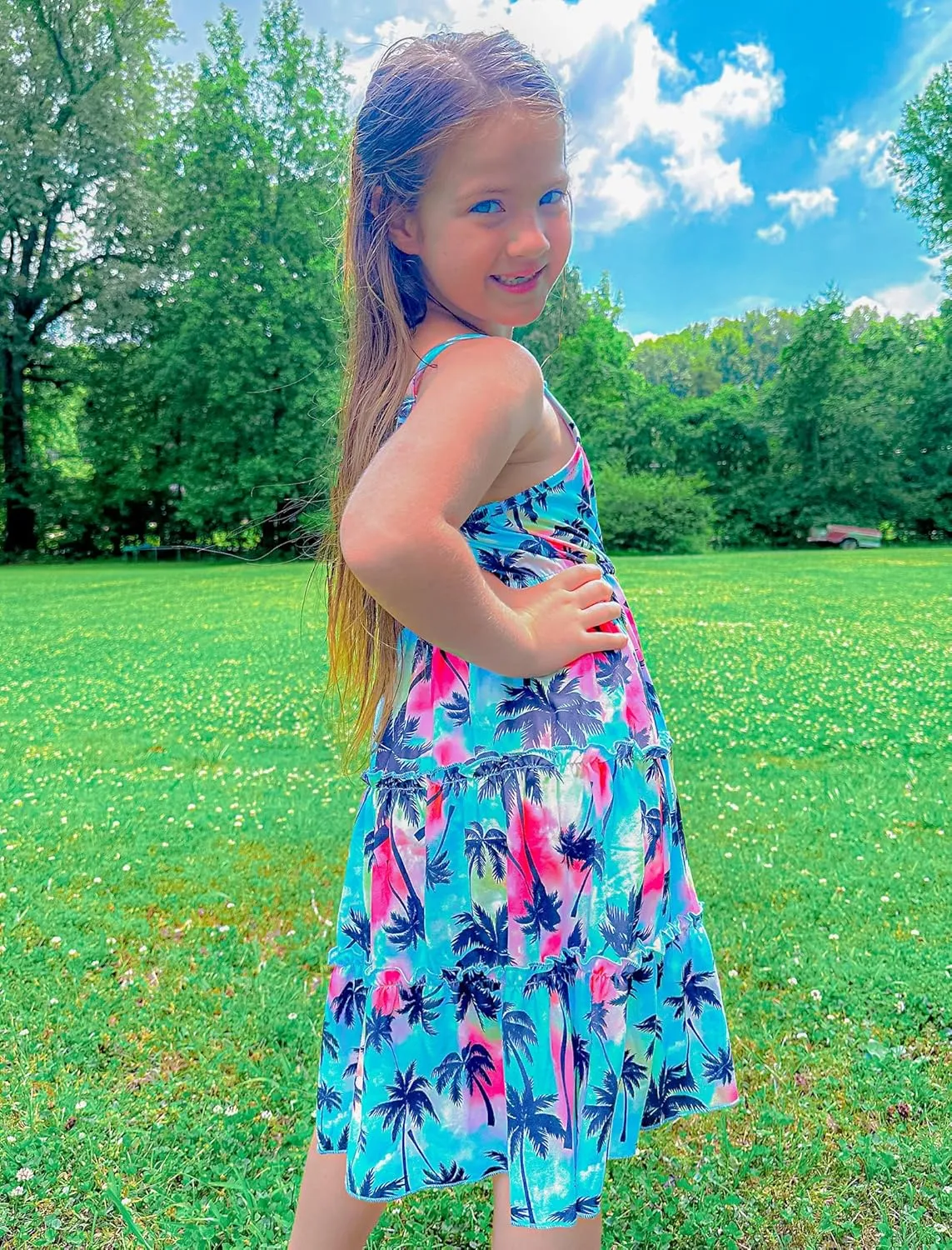 Enlifety Girls Summer Casual Dress Ruffle Pleated Tiered Dresses Spaghetti Straps Twirl Swing Sundress Size 6-12T