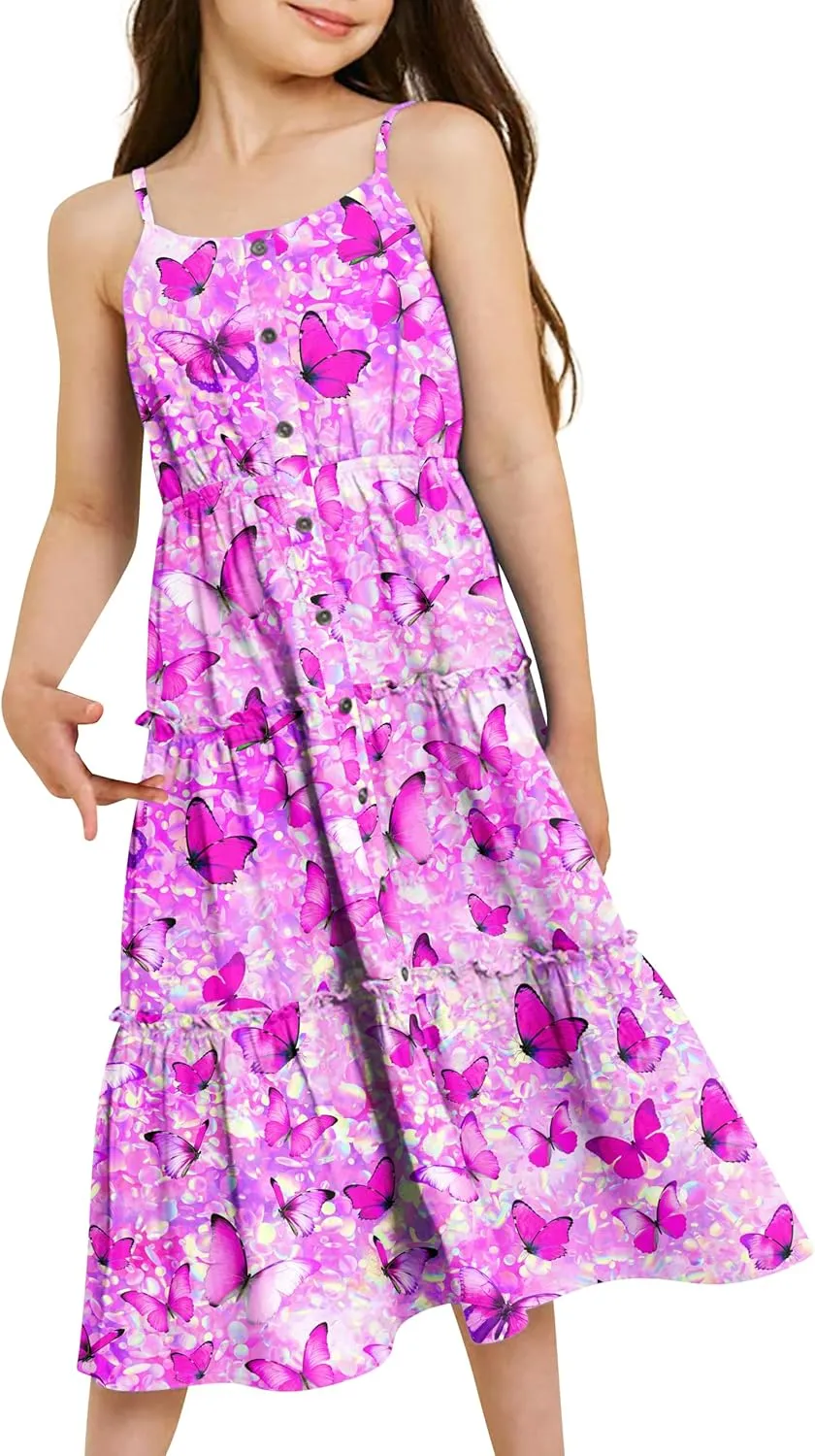 Enlifety Girls Summer Casual Dress Ruffle Pleated Tiered Dresses Spaghetti Straps Twirl Swing Sundress Size 6-12T