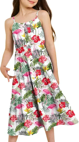 Enlifety Girls Summer Casual Dress Ruffle Pleated Tiered Dresses Spaghetti Straps Twirl Swing Sundress Size 6-12T