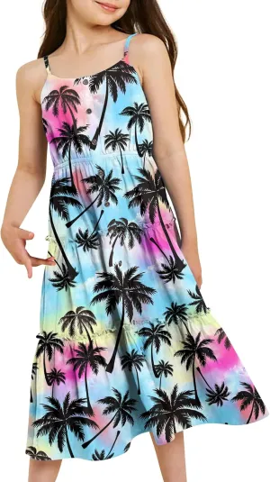 Enlifety Girls Summer Casual Dress Ruffle Pleated Tiered Dresses Spaghetti Straps Twirl Swing Sundress Size 6-12T
