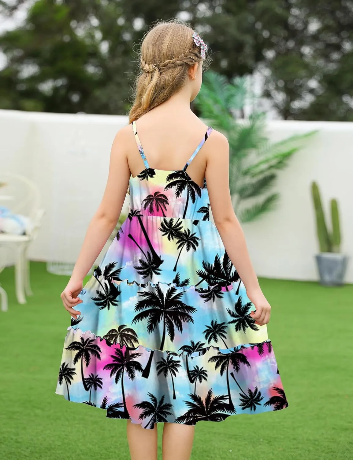 Enlifety Girls Summer Casual Dress Ruffle Pleated Tiered Dresses Spaghetti Straps Twirl Swing Sundress Size 6-12T