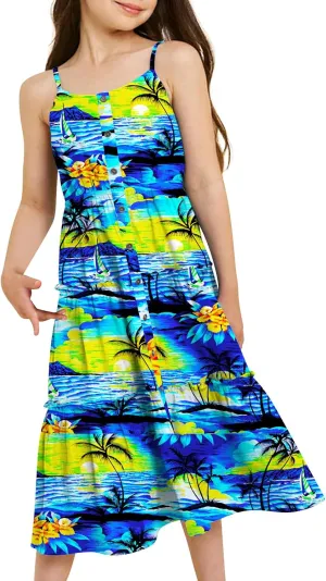 Enlifety Girls Summer Casual Dress Ruffle Pleated Tiered Dresses Spaghetti Straps Twirl Swing Sundress Size 6-12T