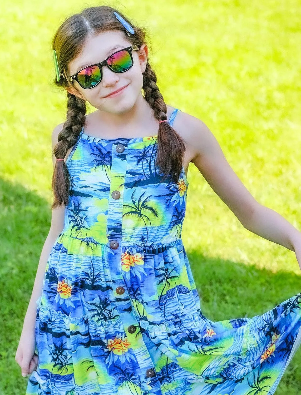 Enlifety Girls Summer Casual Dress Ruffle Pleated Tiered Dresses Spaghetti Straps Twirl Swing Sundress Size 6-12T