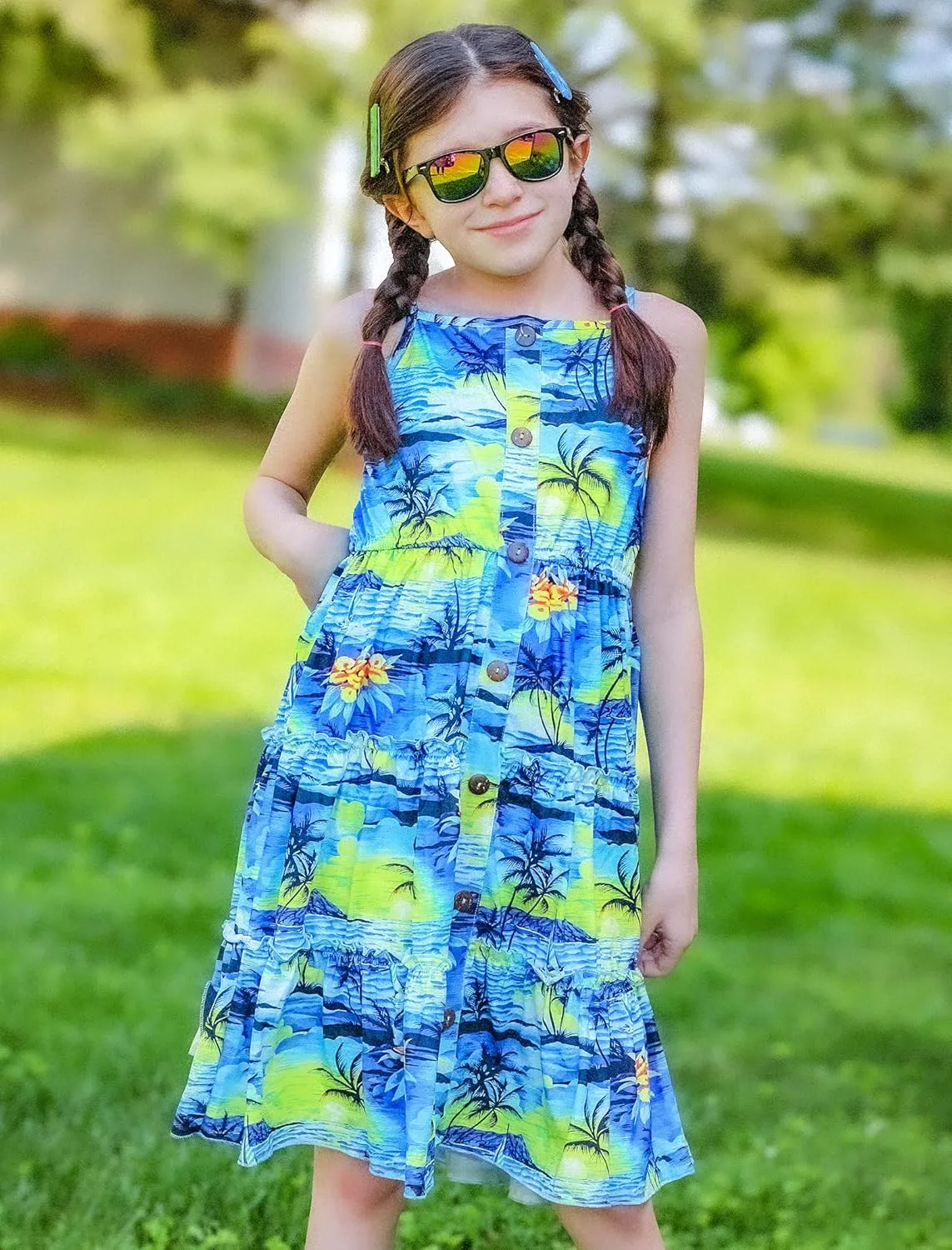Enlifety Girls Summer Casual Dress Ruffle Pleated Tiered Dresses Spaghetti Straps Twirl Swing Sundress Size 6-12T
