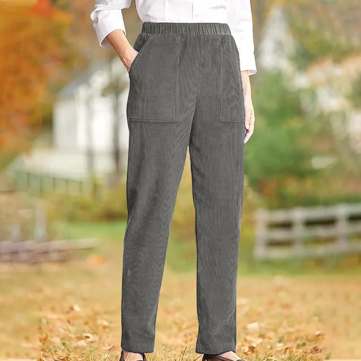 Firzero Women's High Waisted Corduroy Pants with Pockets Casual Straight Leg Pants Comfy Work Trousers Relaxed Jogger Pants