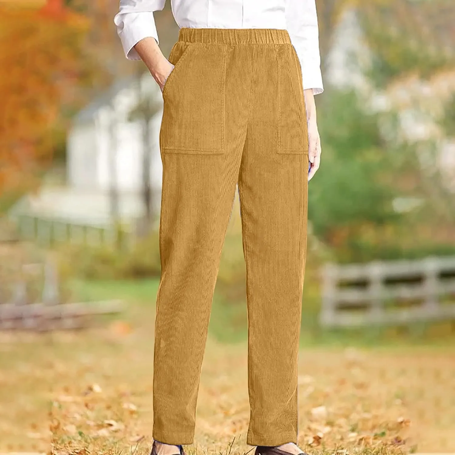 Firzero Women's High Waisted Corduroy Pants with Pockets Casual Straight Leg Pants Comfy Work Trousers Relaxed Jogger Pants