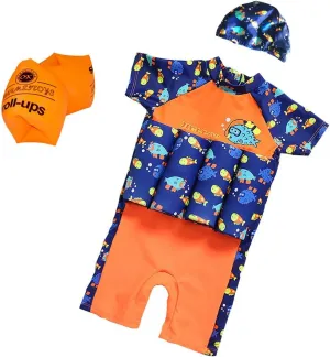 Floating Swimsuits for Kids Toddlers, Orange and Blue Color with Swimming Cap and Inflatable Arm Ring