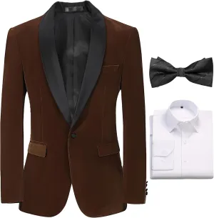 Formal Suit Blazer for Men Velvet Tuxedo Jacket Slim Fit Shawl Lapel Shirt Bow Tie Prom Wedding Business Dinner