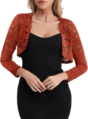 Fuinloth Women's Lace Shrugs, 3/4 Sleeve Bolero Sheer Floral Top Cardigan