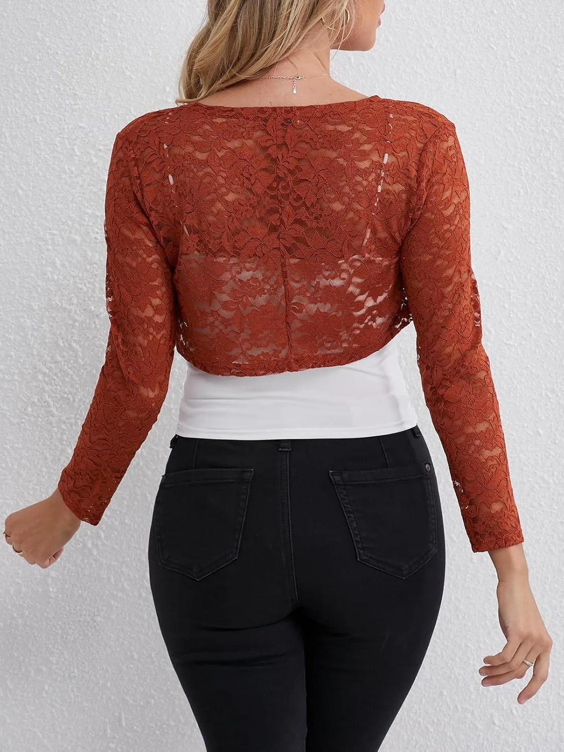 Fuinloth Women's Lace Shrugs, 3/4 Sleeve Bolero Sheer Floral Top Cardigan