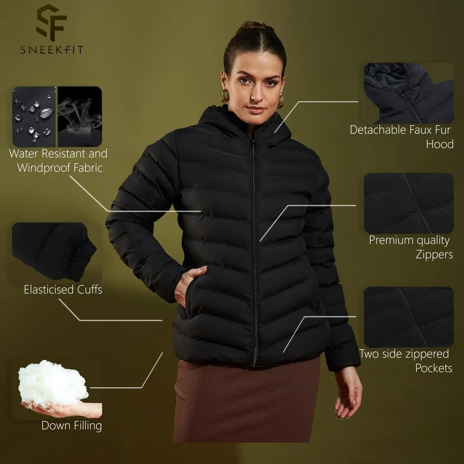 Full Sleeves Puffer Down Feather Jacket For Women With Attached Hood