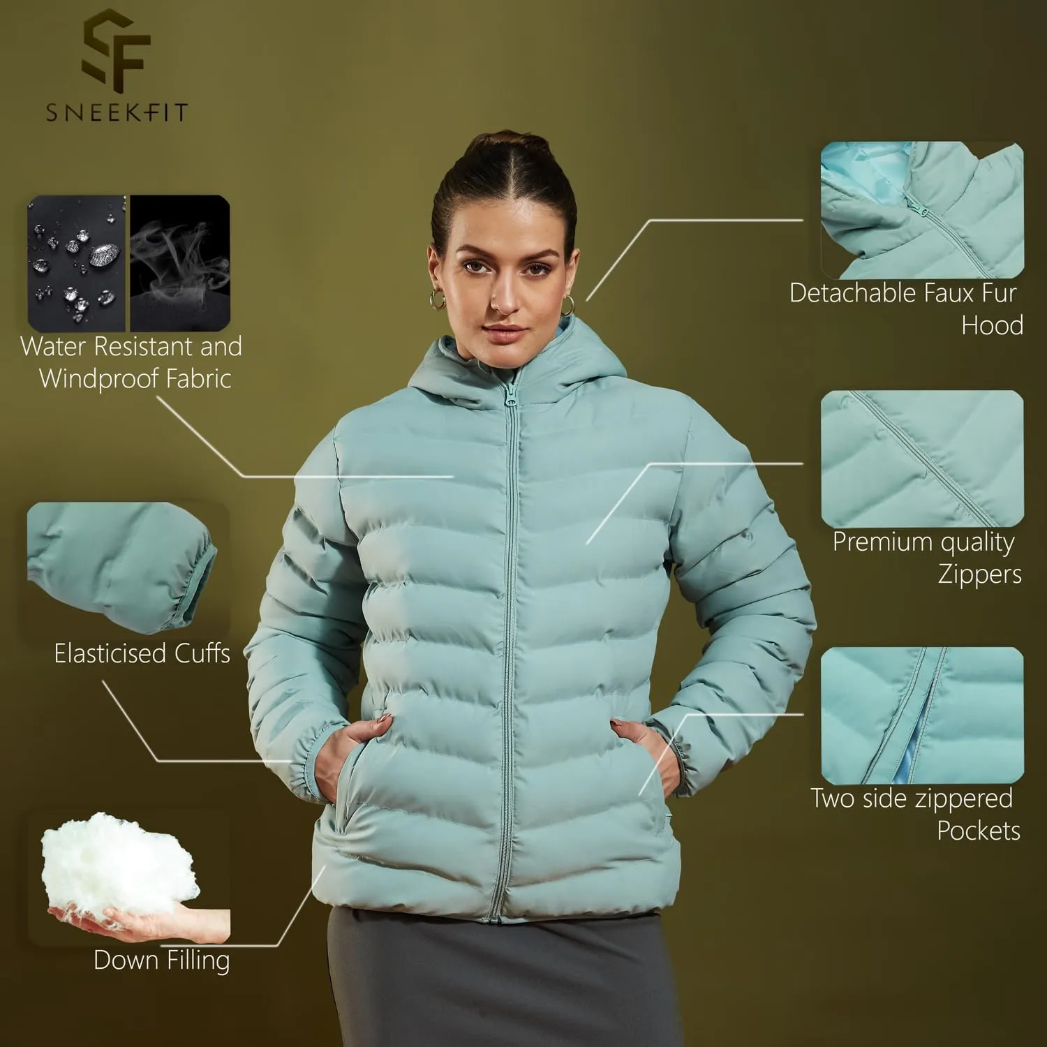 Full Sleeves Puffer Down Feather Jacket For Women With Attached Hood