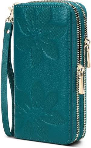 Genuine Leather Wallet for Women,Large Capacity Credit Card Holder Wallet with RFID Blocking,Dual Zipper Phone Purse