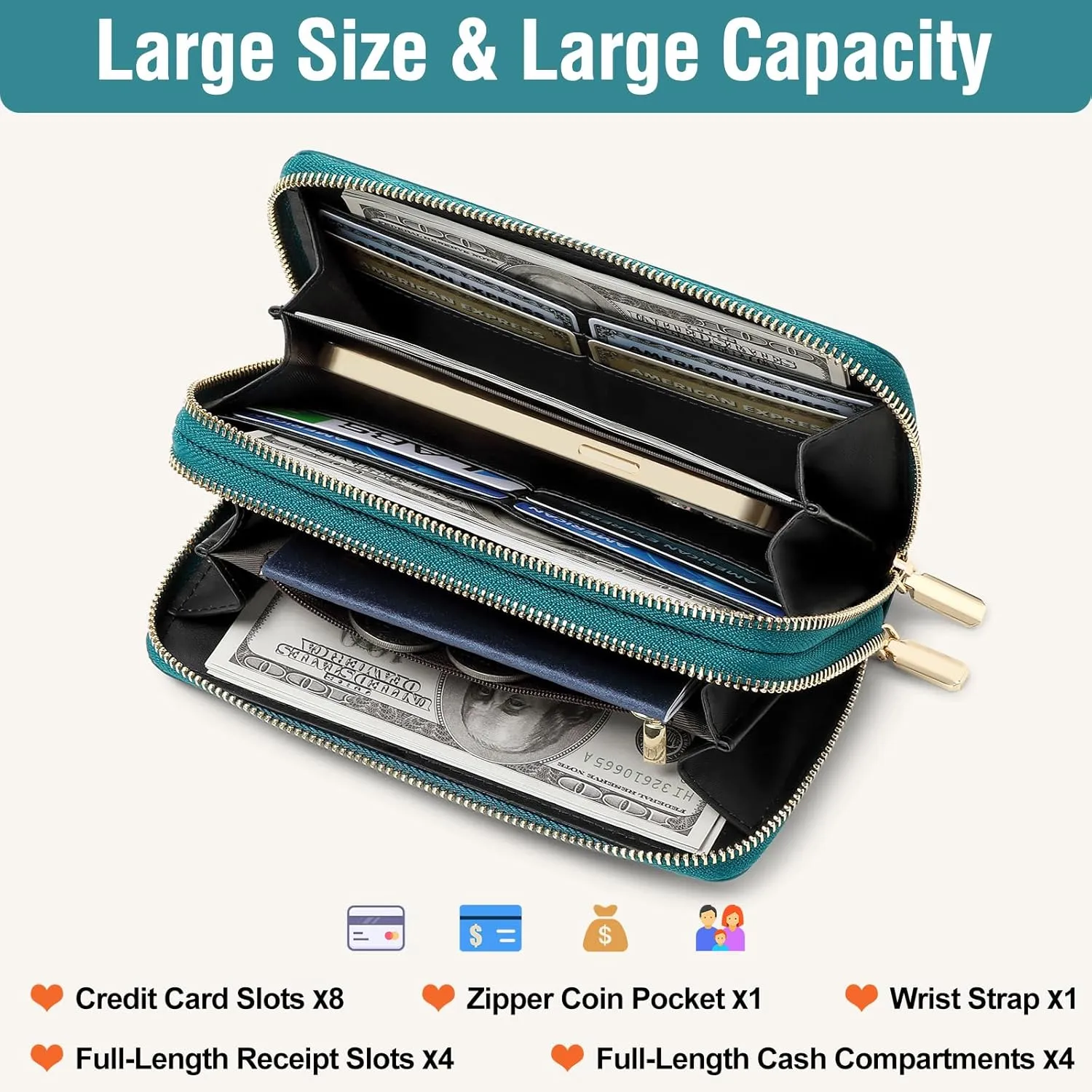 Genuine Leather Wallet for Women,Large Capacity Credit Card Holder Wallet with RFID Blocking,Dual Zipper Phone Purse