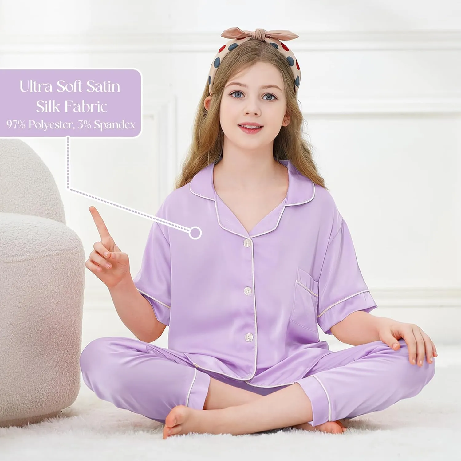 Girls Silk Pajamas Set,Girl Satin Pajamas 3 Piece Button-up Nightwear Loungewear，Girls PJS Clothes for 4T-15Years