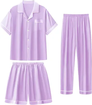 Girls Silk Pajamas Set,Girl Satin Pajamas 3 Piece Button-up Nightwear Loungewear，Girls PJS Clothes for 4T-15Years