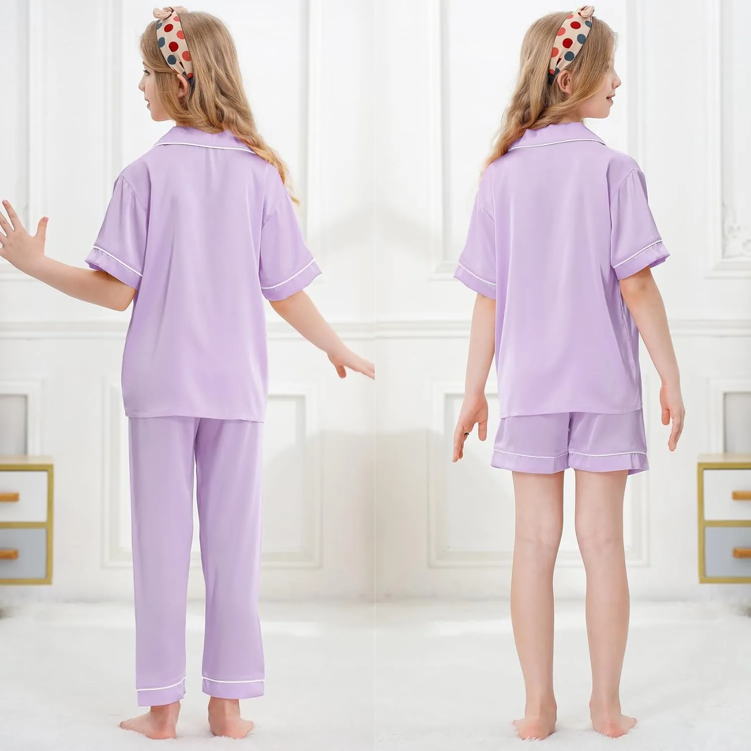Girls Silk Pajamas Set,Girl Satin Pajamas 3 Piece Button-up Nightwear Loungewear，Girls PJS Clothes for 4T-15Years