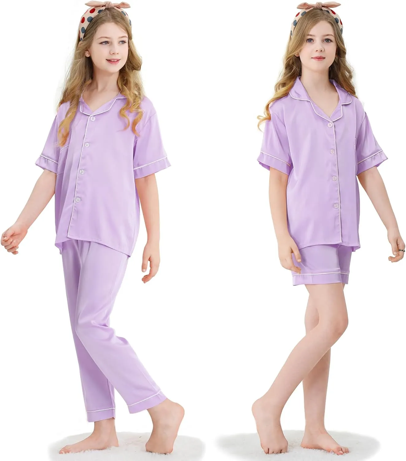 Girls Silk Pajamas Set,Girl Satin Pajamas 3 Piece Button-up Nightwear Loungewear，Girls PJS Clothes for 4T-15Years