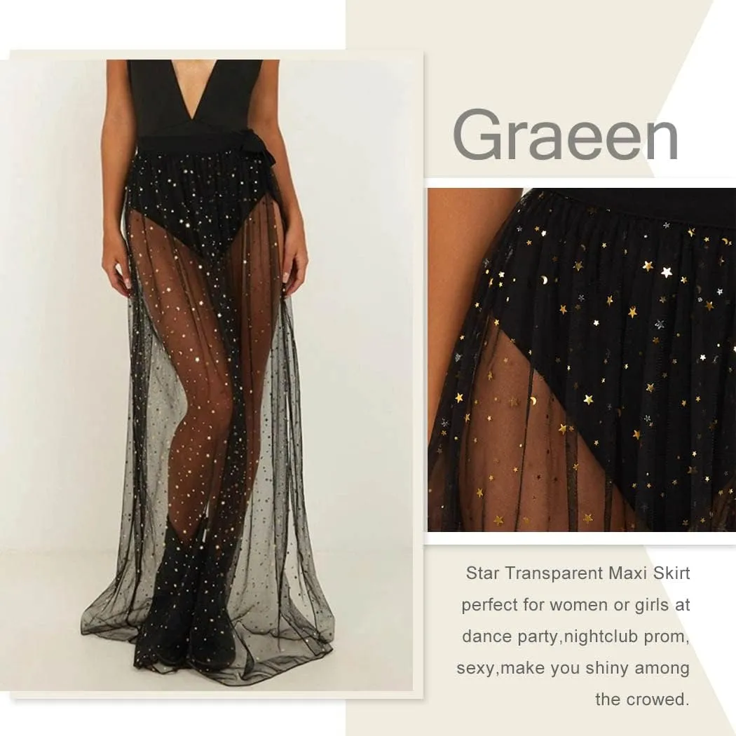 GRAEEN Sheer Mesh Maxi Skirt See Through Slit Skirt Glitter Sheer Sequin Skirts High Waisted Cover Up Skirt