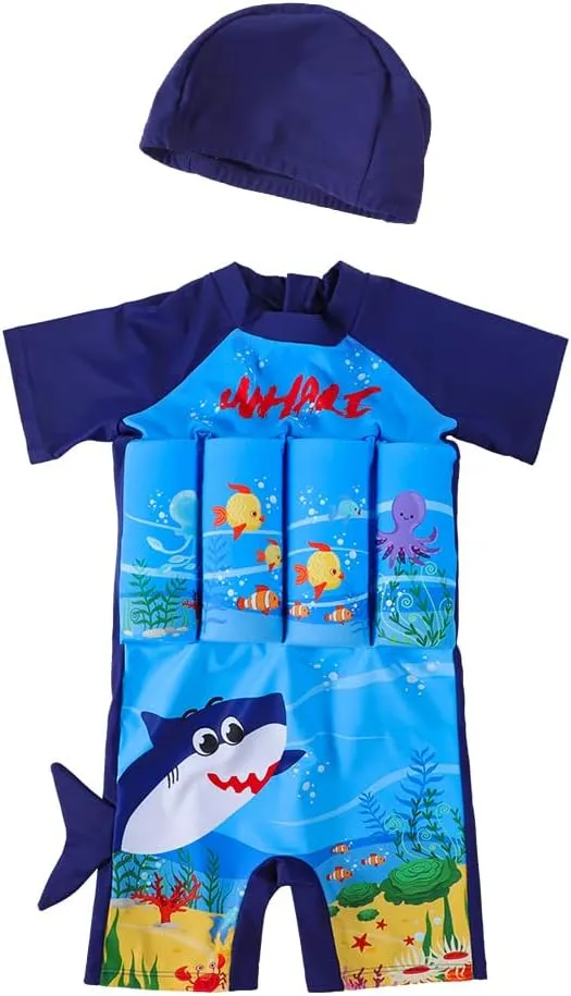 HAOZAIKEJI Kid Buoyancy Swimming Swimsuit Boy Girl One Piece Floatation Short Suit Cartoon Swimwear