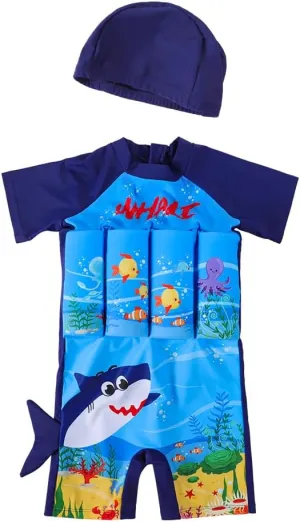 HAOZAIKEJI Kid Buoyancy Swimming Swimsuit Boy Girl One Piece Floatation Short Suit Cartoon Swimwear