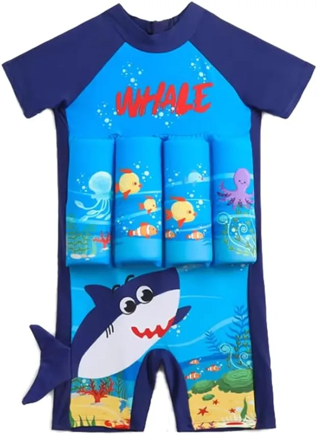 HAOZAIKEJI Kid Buoyancy Swimming Swimsuit Boy Girl One Piece Floatation Short Suit Cartoon Swimwear