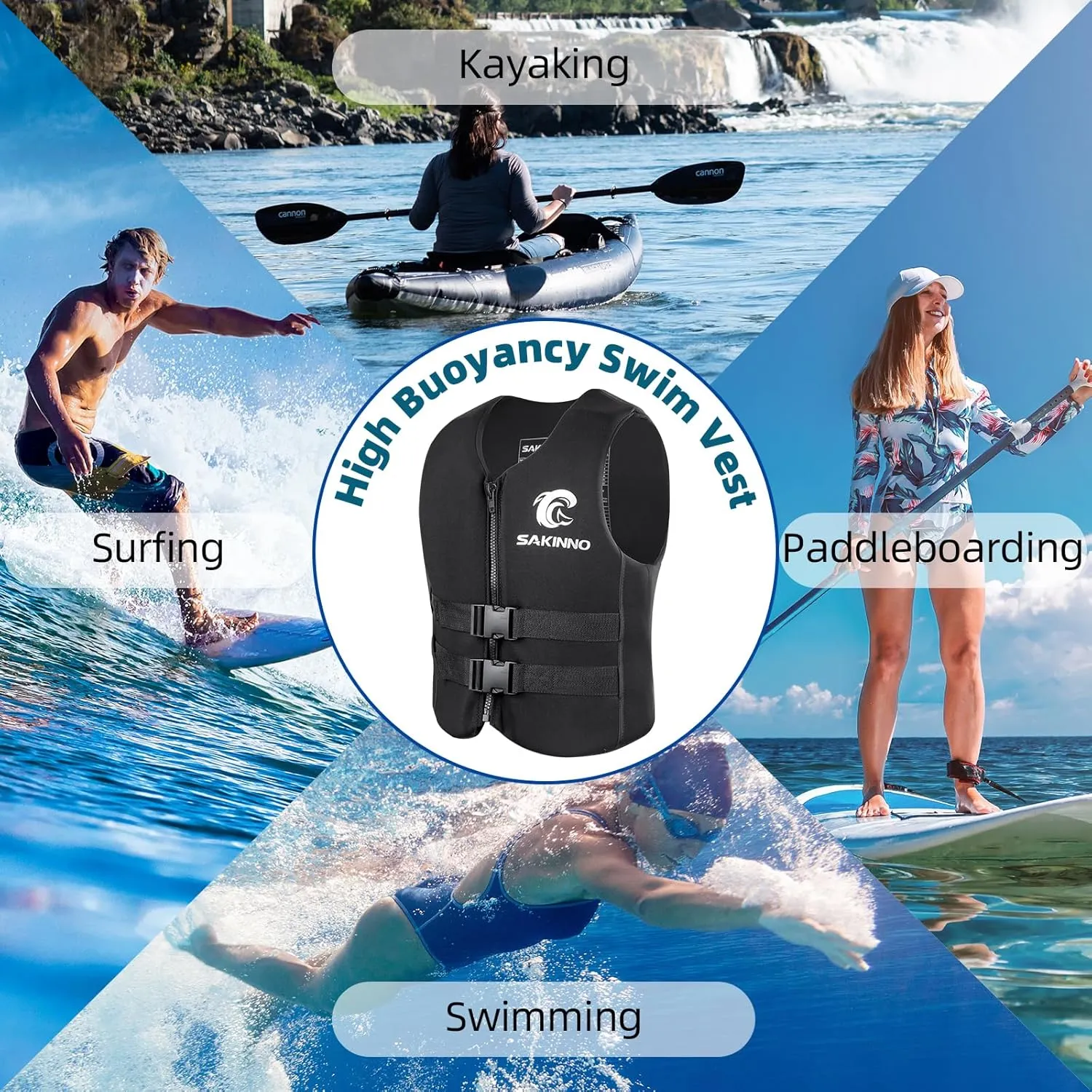 huraty Water Kayaking Jacket for Adults and Kids, Buoyancy Swimsuit Boating Fishing Waistcoat Zipper Closure, Unisex Outdoor Water Sports Vests