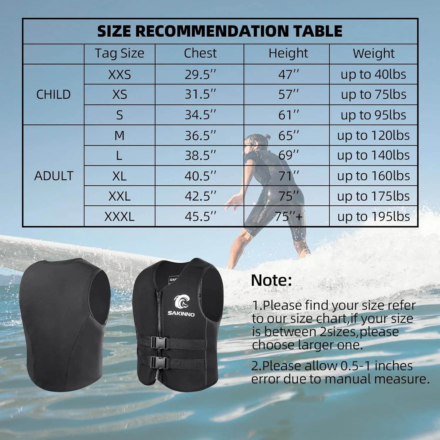 huraty Water Kayaking Jacket for Adults and Kids, Buoyancy Swimsuit Boating Fishing Waistcoat Zipper Closure, Unisex Outdoor Water Sports Vests