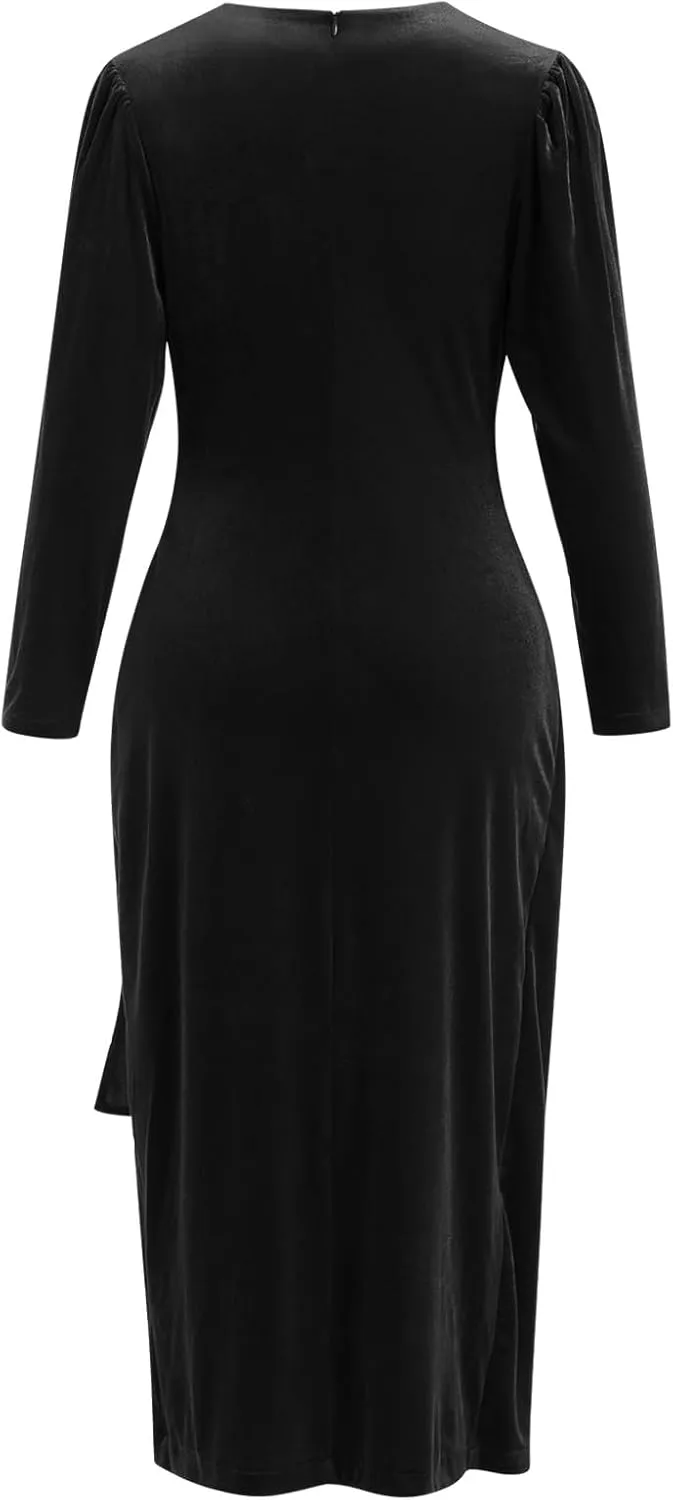 IBTOM CASTLE Women Velvet Dress Long Sleeve Ruched Bodycon Christmas Wedding Evening Cocktail Party Gown Fall Winter Clothes